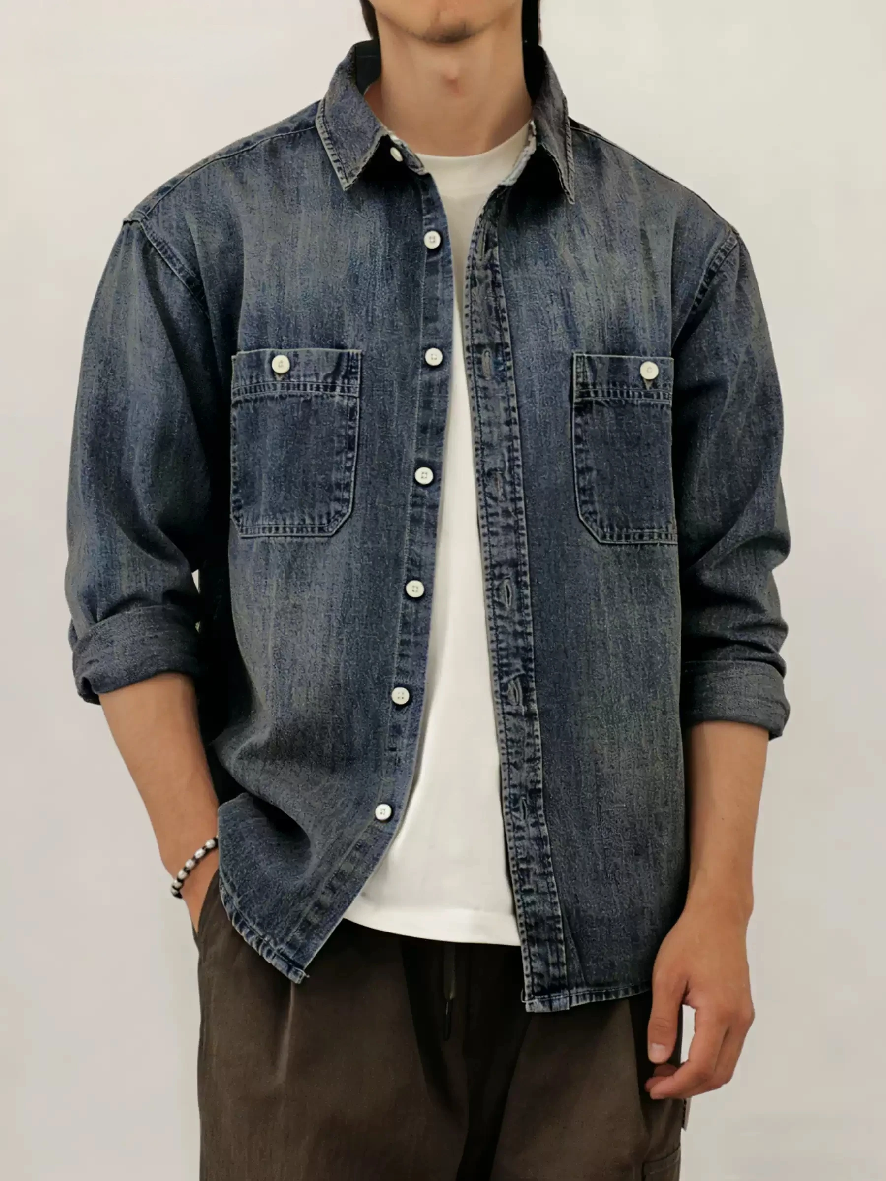 American Washed Distressed Denim Work Shirt Mens Spring Loose Fit Long Sleeve Blue Natural Faded Trendy Casual Premium Classic