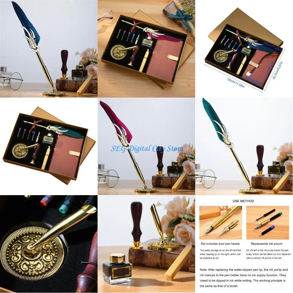 

U75B Feathered Dip Pen and Vintage Seal Stamp Set for Wedding Invitation Scrapbooking