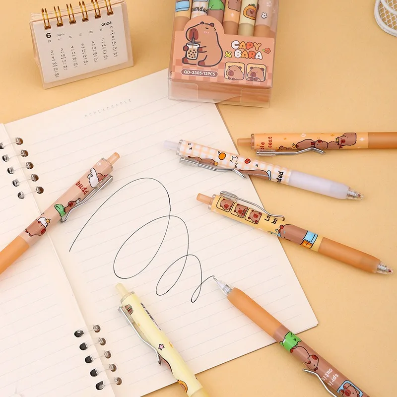 

New Capybara Cartoon 12-Pack Retractable ST Black Gel Pens - Adorable Press-to-Write Stationery for Students & Office