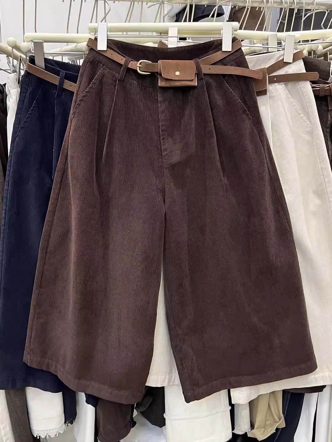 

Модные вельветовые брюки с высокой талией, свободные, широкие, прямого кроя, длиной 7 дюймов, повседневные, для женщин, осень 2025