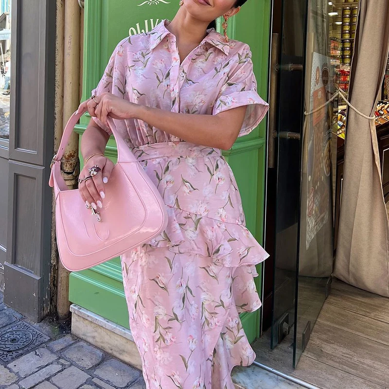 Abito da festa irregolare con bottoni alla moda da donna Elegante abito a camicia con volant con risvolto con stampa floreale Abito lungo casual a maniche corte con orlo sottile