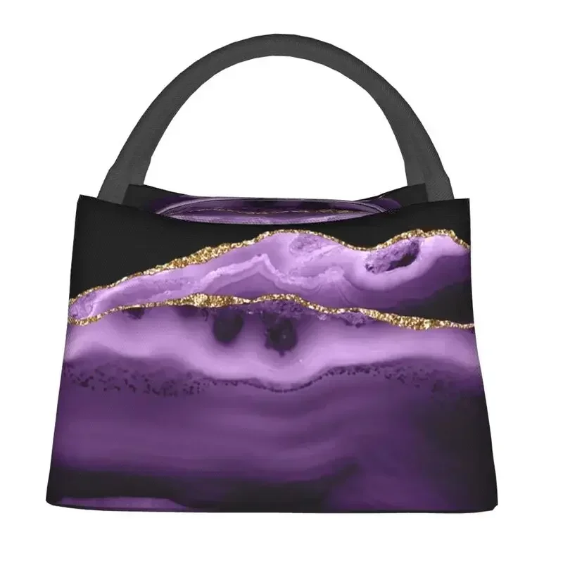 Purple And Gold Agate Texture Insulated Lunch Bags for Women Portable Cooler Thermal Bento Box Hospital Office Shoulder Bag