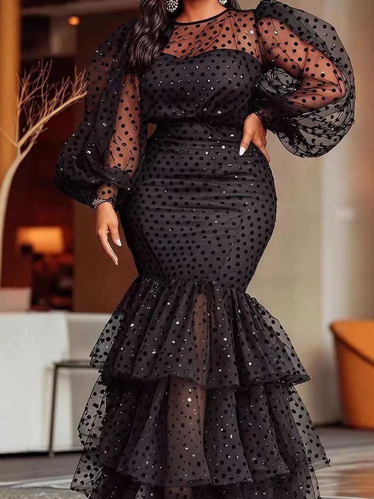 Vestidos sexy mulher reunindo empilhado ruched maxi sereia vestido dot malha puff manga longo vestido de festa preto plus size vestido gordinho