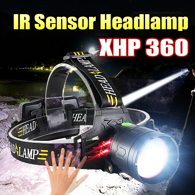IR Sensor LED Headlamp XHP360 Type-C Rechargeable Headlight 18650 High Power Head Flashlight Zoomable Fishing Head Lamp Lantern