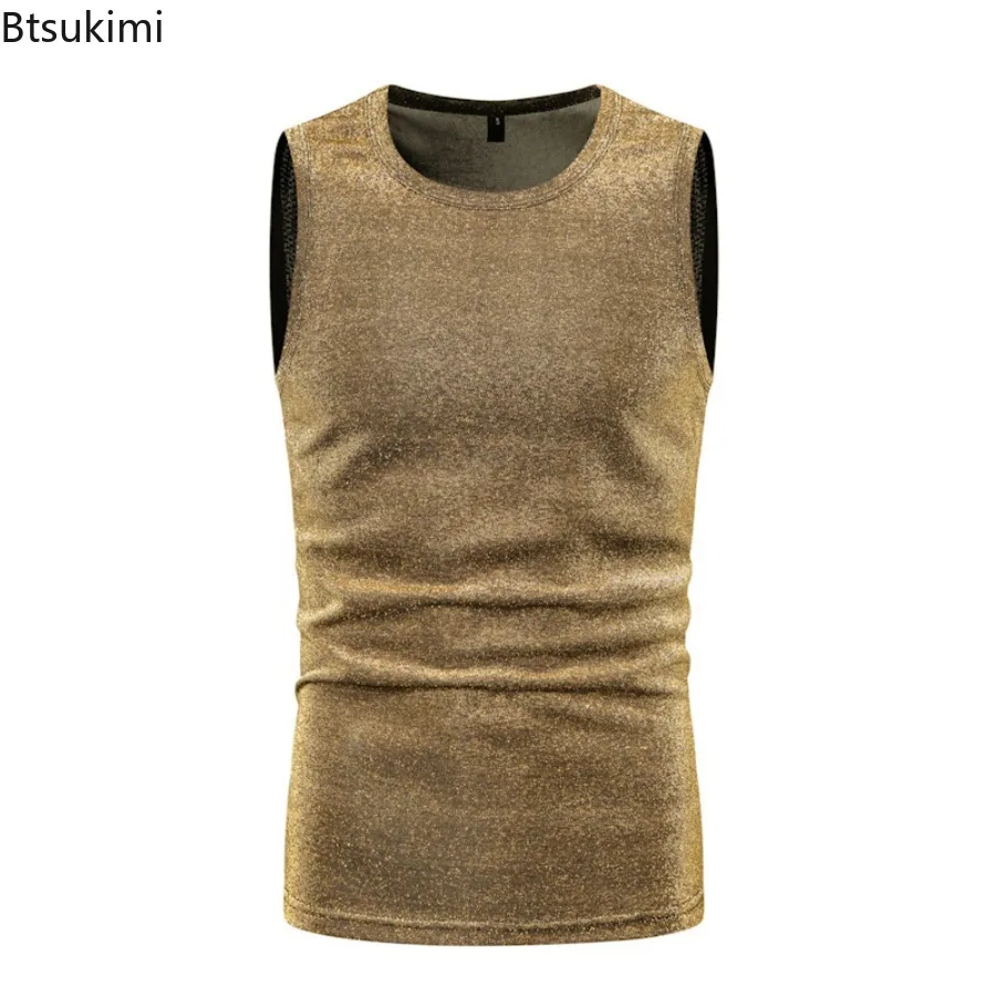 Summer New Men's Fashion Sparkling Casual Vest O-neck Sleeveless Gold Stamping T-shirts Retro 70s Disco Nightclub Tank Tops Male