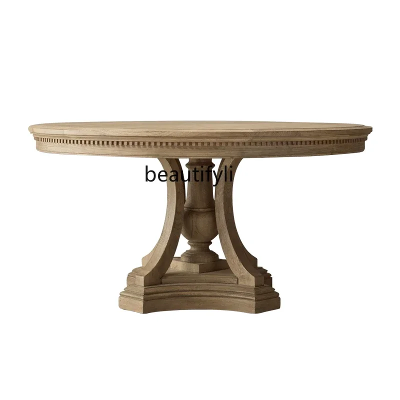 

lxAmerican solid wood round table, neoclassical round table, oak European style old dining table