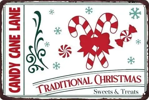 Candy Cane Lane Traditional Christmas Sweets & Treats Metal Tin Sign Retro Christmas Wall Decor for Candy Station Vintage Ar
