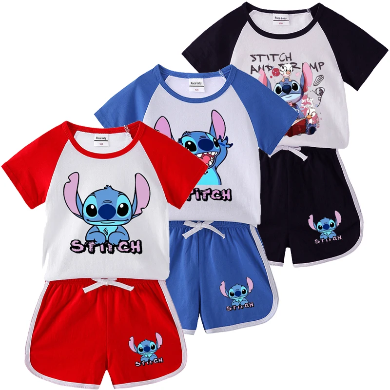 Children Summer Cartoon Sets Toddler Boy Girl Stitch  Printing Cotton T-shirts and Shorts 2pcs Set Kids Casual Tracksuits Suits