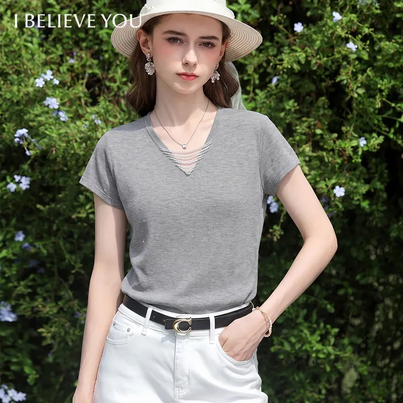 I BELIEVE YOU Grey Rhinestone V Neck Knit T Shirt for Women 2026 Summer Elegant Loose Tees Soft Cool Short Sleeve Top 2262146525