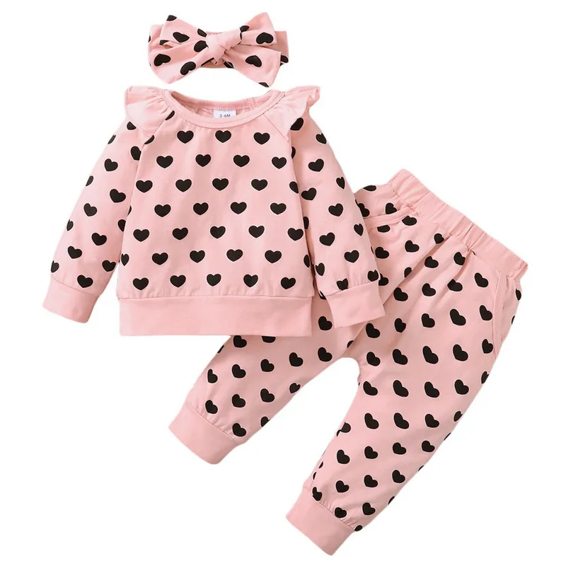 

Newborn Baby Girl Pant Sets Autumn Clothes Heart Long Flying Sleeves Tops and Pants Bow Headband Baby Items Clothing