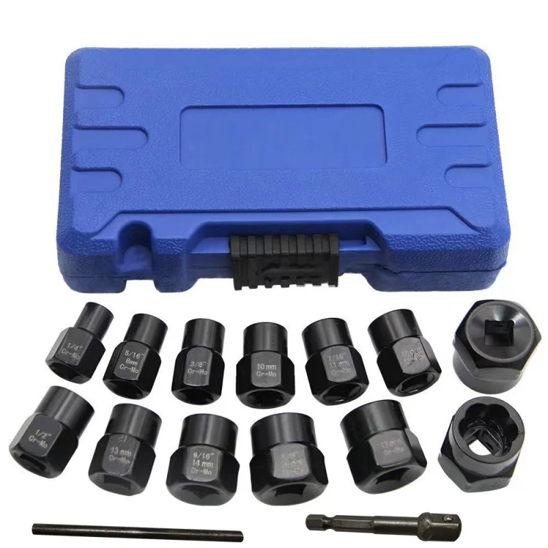 15pc Damaged Nut Extractor Bolt Screw Tire Slip Tooth Screw Hexagonal Dismantling Sleeve Extension Tool Set