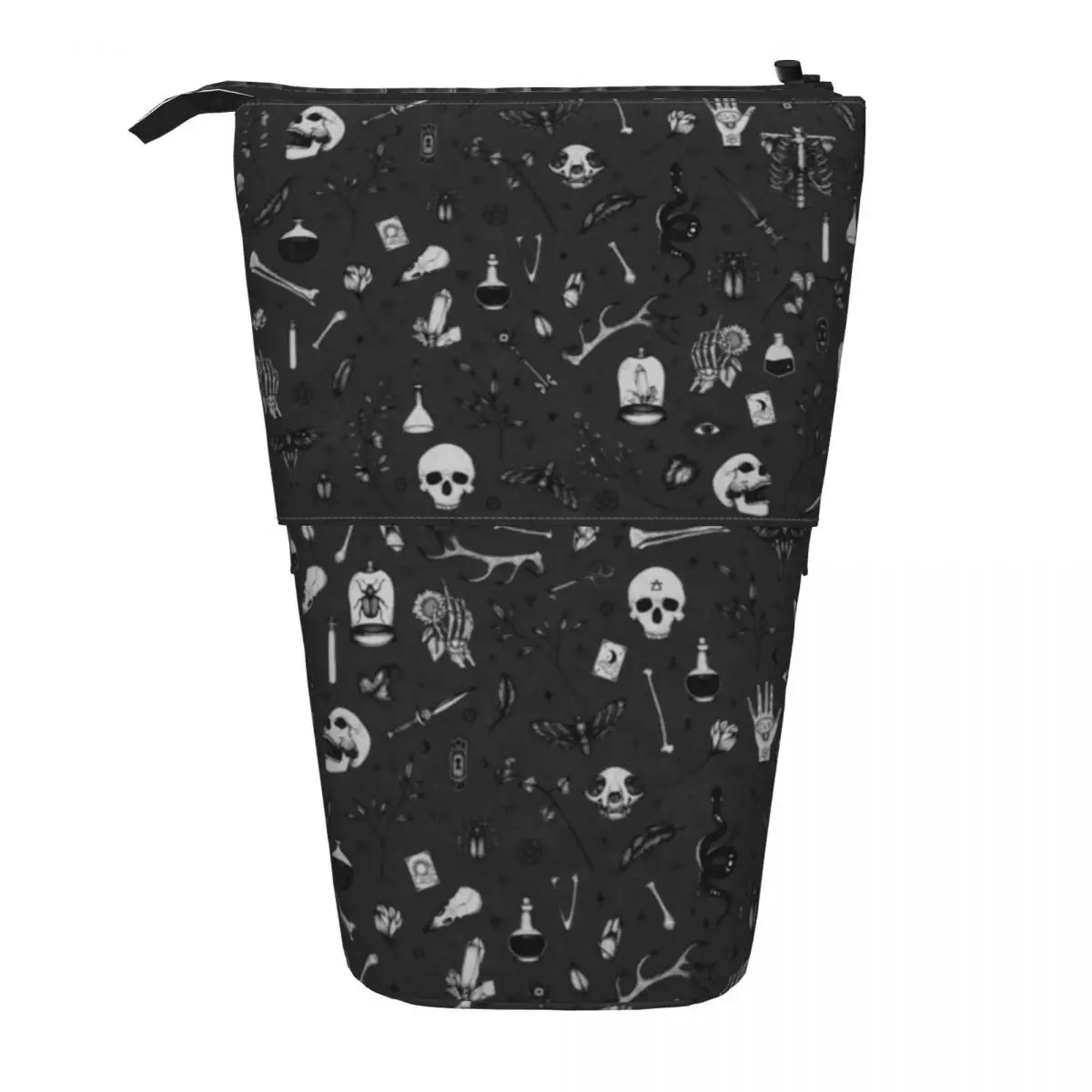 Gothic Art Print Round Pencil Case Skull Dark Grey Witchy Boy Girl Kawaii Leather Pencil Box School Zipper Pen Pouch