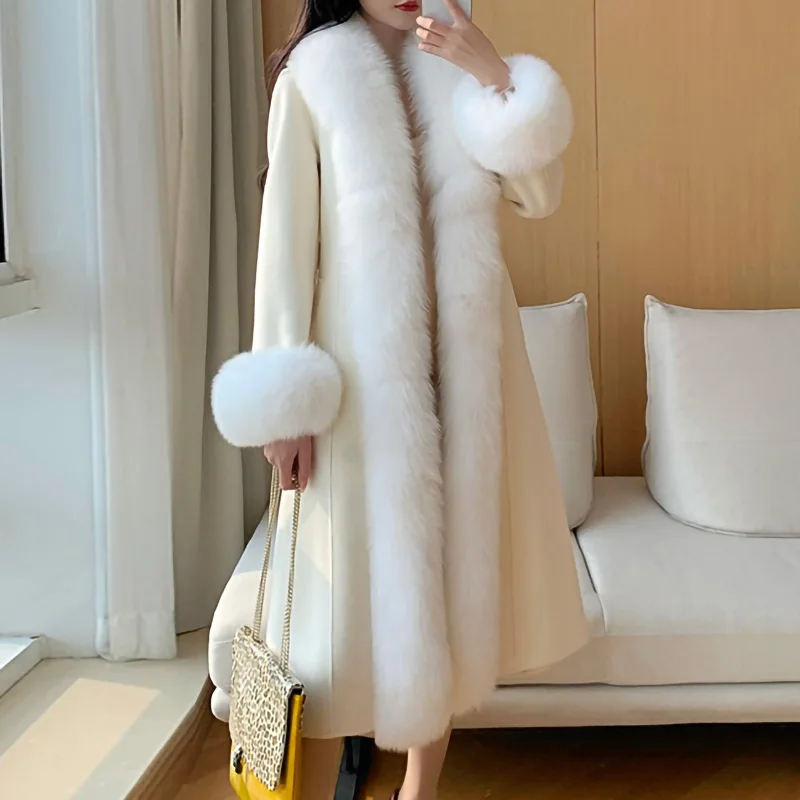 

Winter Long Real Cashmere Wool Coat Soft Warm Coat Women Real Fox Fur Collar Cuff Loose Overcoat LZ5894