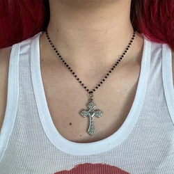 Gothic Jewelry Beads Cross Necklace Punk Charms Pendant Necklace for Women Grunge Jewelry Cool Korean Fashion Choker