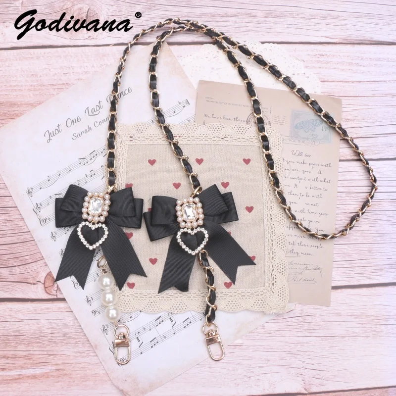 

Handmade Japanese Mine Cute Bow Rhinestone Love Pendant Bag Strap Girl Women's Bag Chain Sweet Bag Accessories