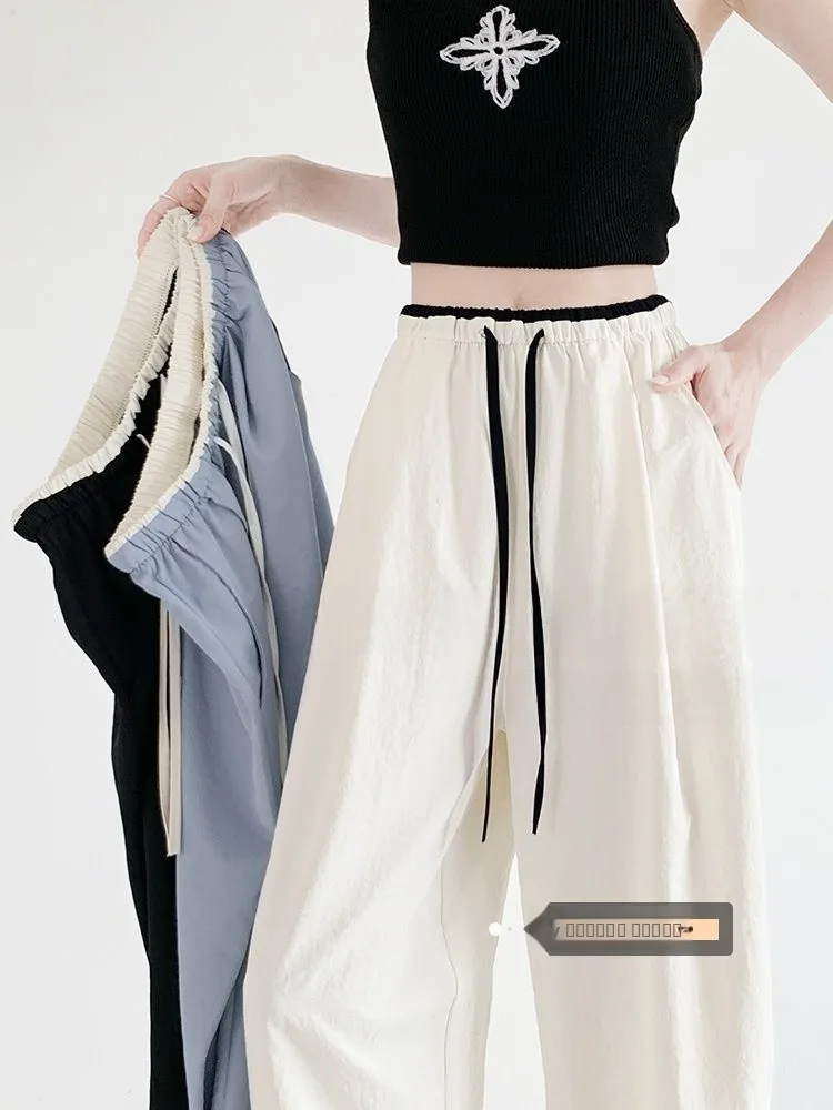 

Белые широкие брюки с высокой талией, женские тонкие спортивные брюки, цвет Blo, свободная текстура, прямые повседневные брюки из ледяного шелка