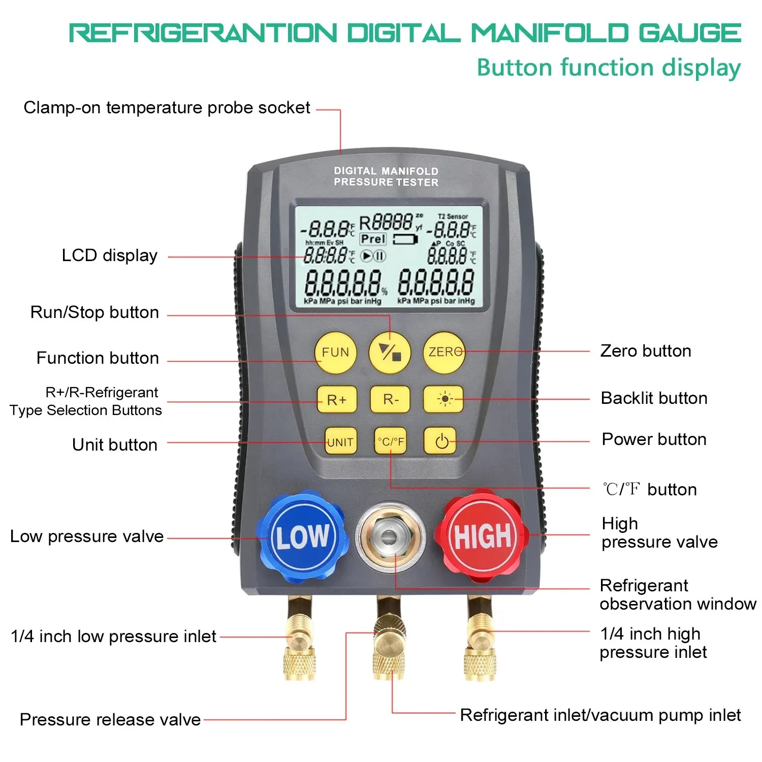 Manometro refrigerazione Digital Vacuum collettore Tester Meter HVAC temperatura Digital collettore manometro HVAC Vacuum Pressure