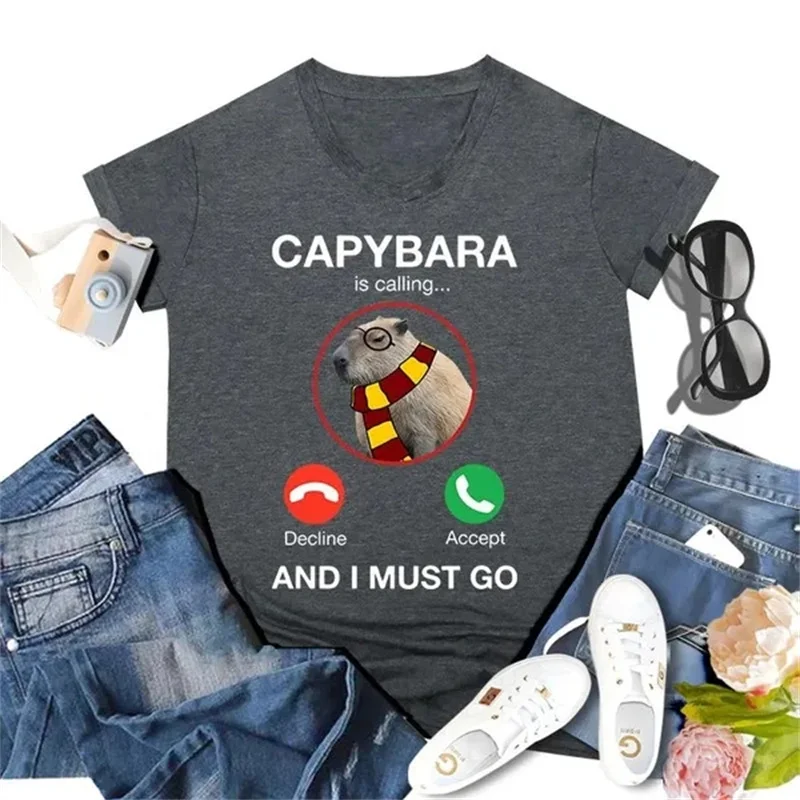 Funny Capybara Is Calling And I Must Go Printed T Shirts for Men Tops Cute Womens Clothing Kids Short Sleeve Round Neck T-Shirt