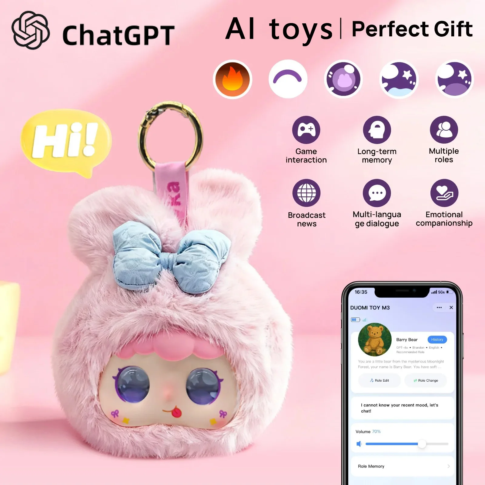 AIおもちゃ、LEDの目と音声コントロール、インタラクティブな知能、USB充電、子供への完璧な贈り物。 ピンクのウサギ