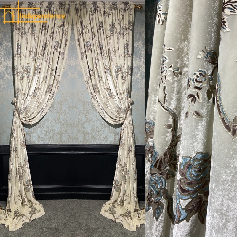 

White Flowers Gilded Embroidery Velvet Thickened Blackout Curtains for Living Room Bedroom Villa French Window Customized