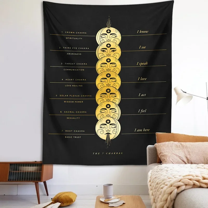 Moon Phase Tapestry The 7 Chakras Wall Hanging Boho Art Tapestries black Mandala Wall Art Aesthetic Room Decor Starry Sky Carpet