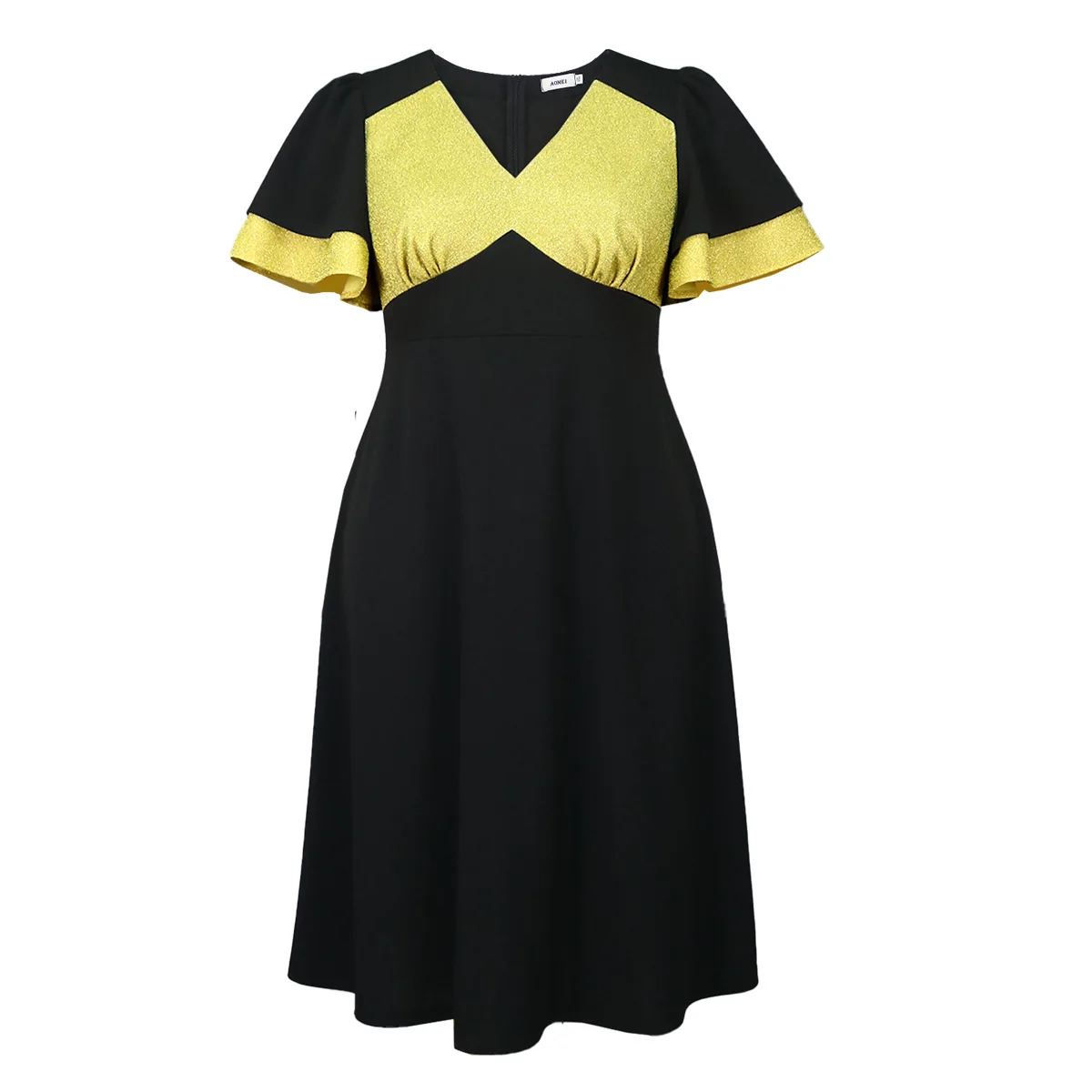 プラスサイズカラーブロックグリッタードレスフリルスリーブ A ライン痩身黒ドレス女性のドレスパーティー夏エレガンテスカジュアル Y2k
