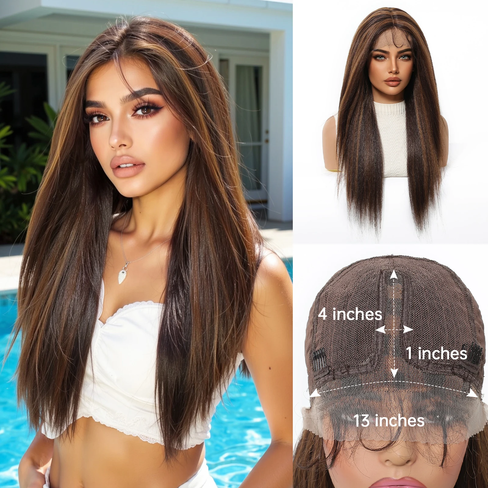 

Длинные прямые парики средней части шнурка Медово-коричневый Intercolor Синтетический парик фронта шнурка для чернокожих женщин Натуральный термостойкий