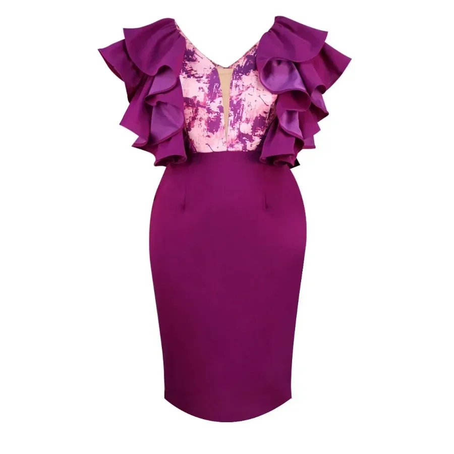 Women's Vintage Dress Sexy V-neck Printed Lotus Leaf Sleeves Purple Dresses Unique Design Fashionable Bodycon Birthday Party