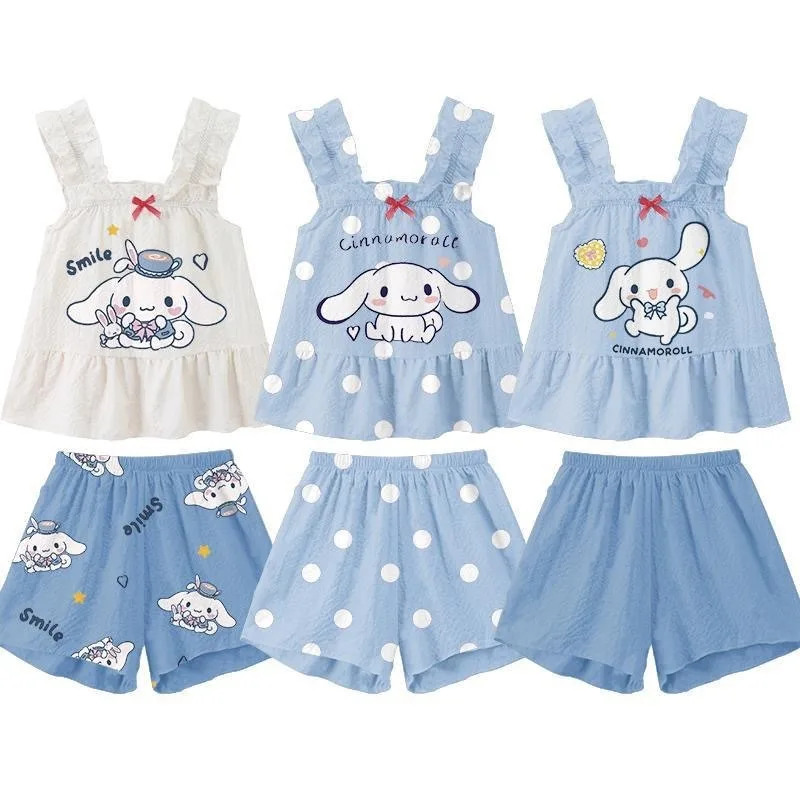 Sanrio Girls pigiama Set Anime senza maniche tuta Cinnamoroll pantaloncini a maniche corte Cute Child Leisure tuta regalo