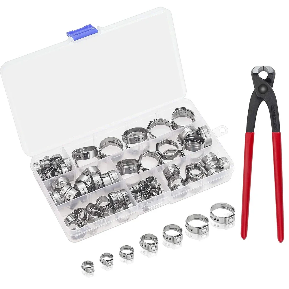 

100 pieces of 6-21mm 304 stainless steel single ear hose clamp, with pliers kit