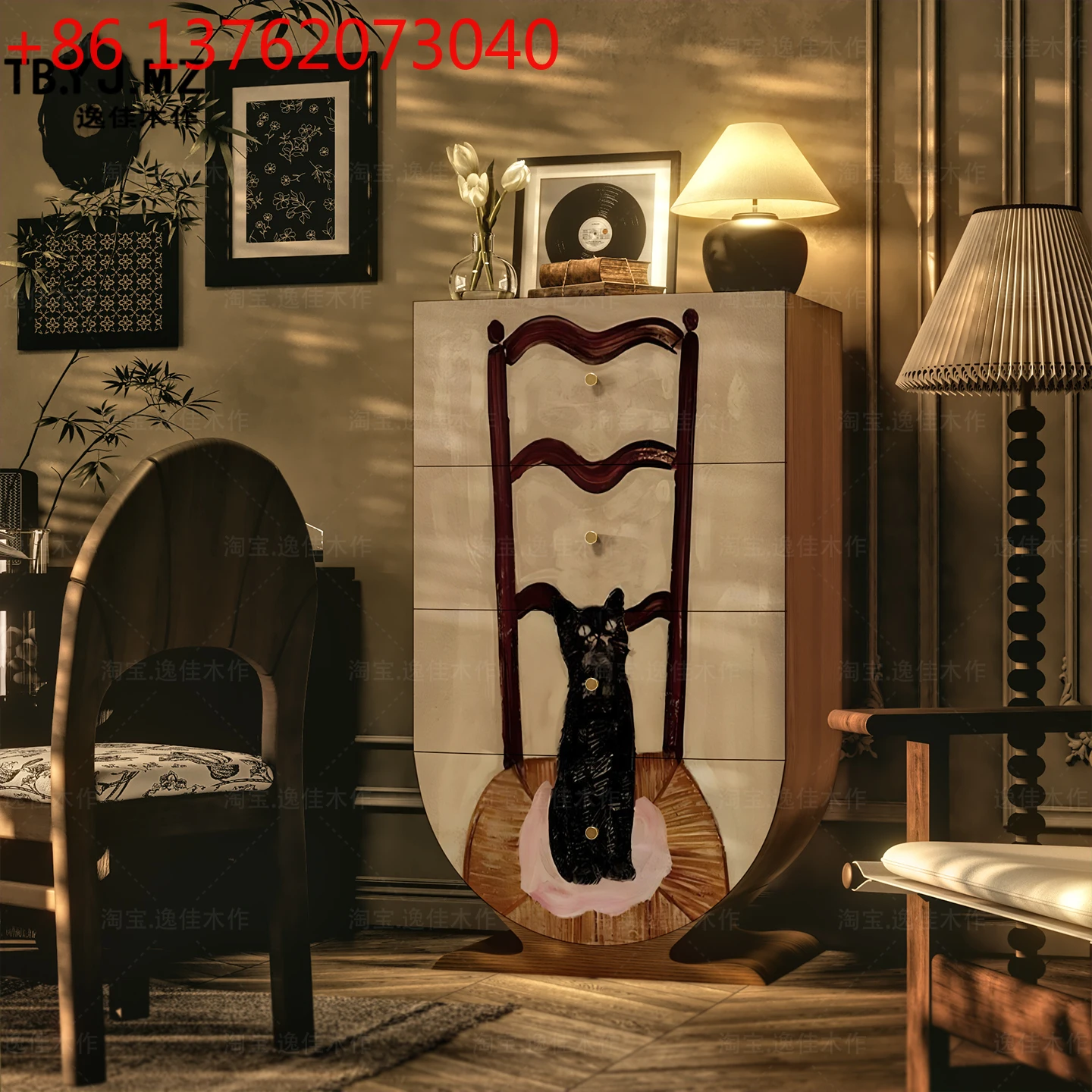 

American cream wind black cat storage cabinet warm living room decoration four bucket storage cabinet