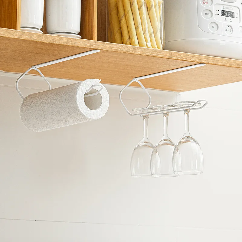 Goblet Hanger Self Adhesive Kitchen Paper Towel Holder Under Cabinet Towel Hangers For Bathroom Pot Lid Shelf Glass Wine Holder