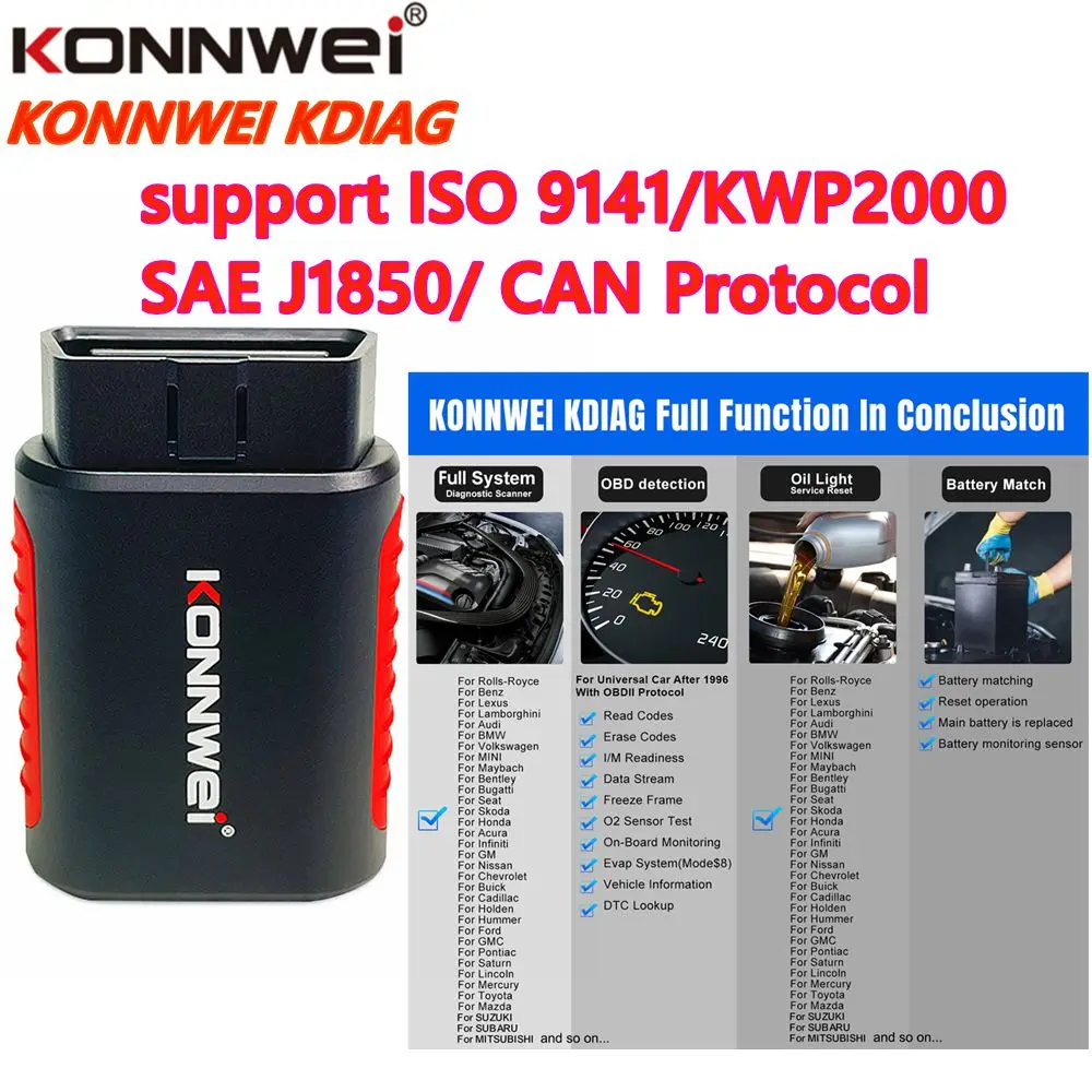 

KONNWEI KDIAG All System for iOS & Android Bluetooth Scan Tool support ISO 9141/KWP2000 Support Multi-Language OBD2 Scanner