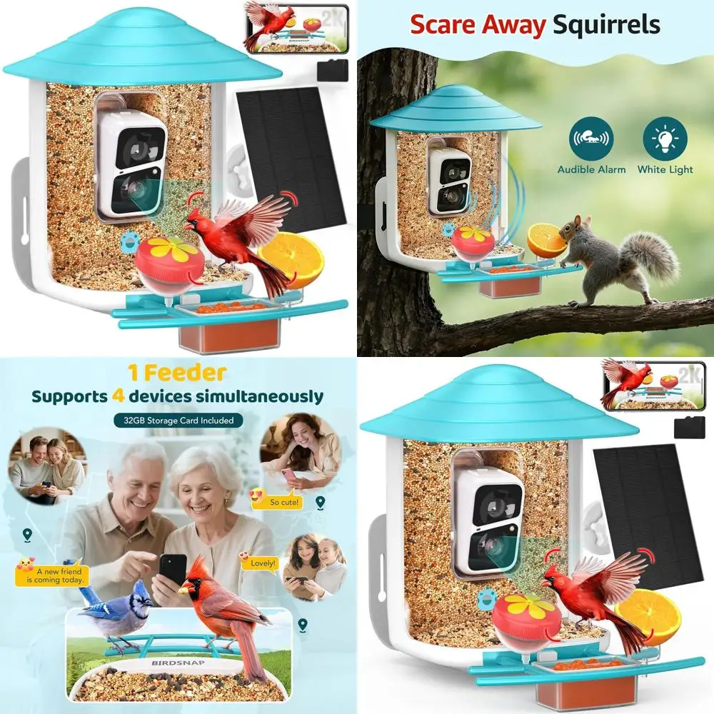 

Камера-кормушка для птиц 2K HD с картой памяти 32 ГБ, 4-в-1, с креплением на перья, 160° ° Просмотр, автоматическое распознавание и определение личности по ИИ, идеально подходит для любителей птиц