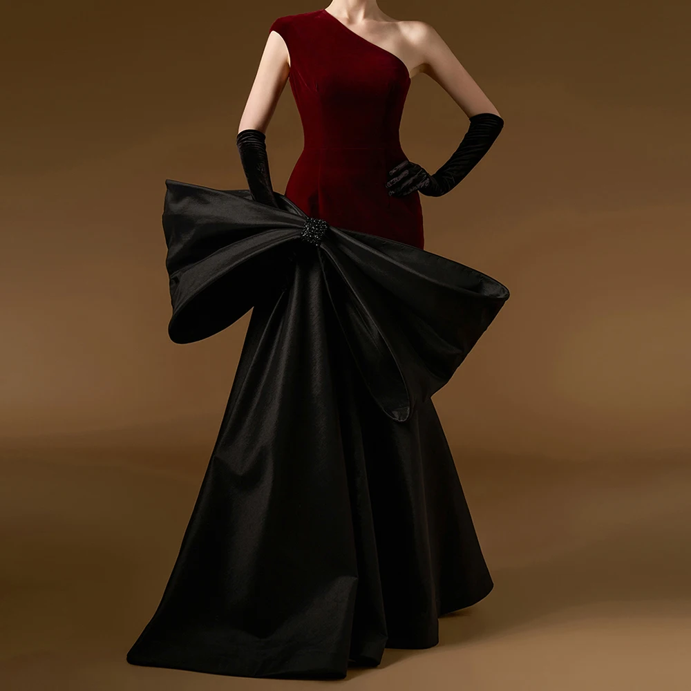 

Customized A-line Evening Dresses Floor-length One-shoulder Half Sleeve Prom Gown Fashion Bow Simple Draped Backless Party Gown