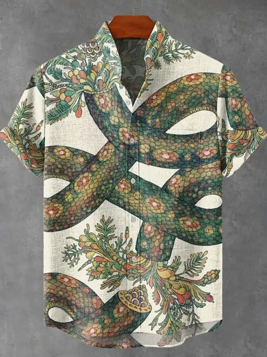 

Abstract pattern print, men's linen short sleeved shirt, loose top, fashionable trend, outdoor street, casual and comfortable