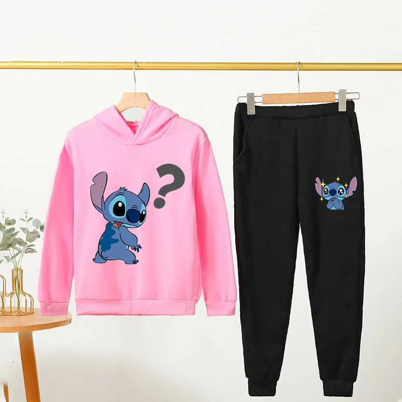 

Children Hoodie Stitch Cartoon Print Sweatshirt +Pants Boys Girls Toddler Age 7-13 Girls Clothes Pullover Sport Kids Set