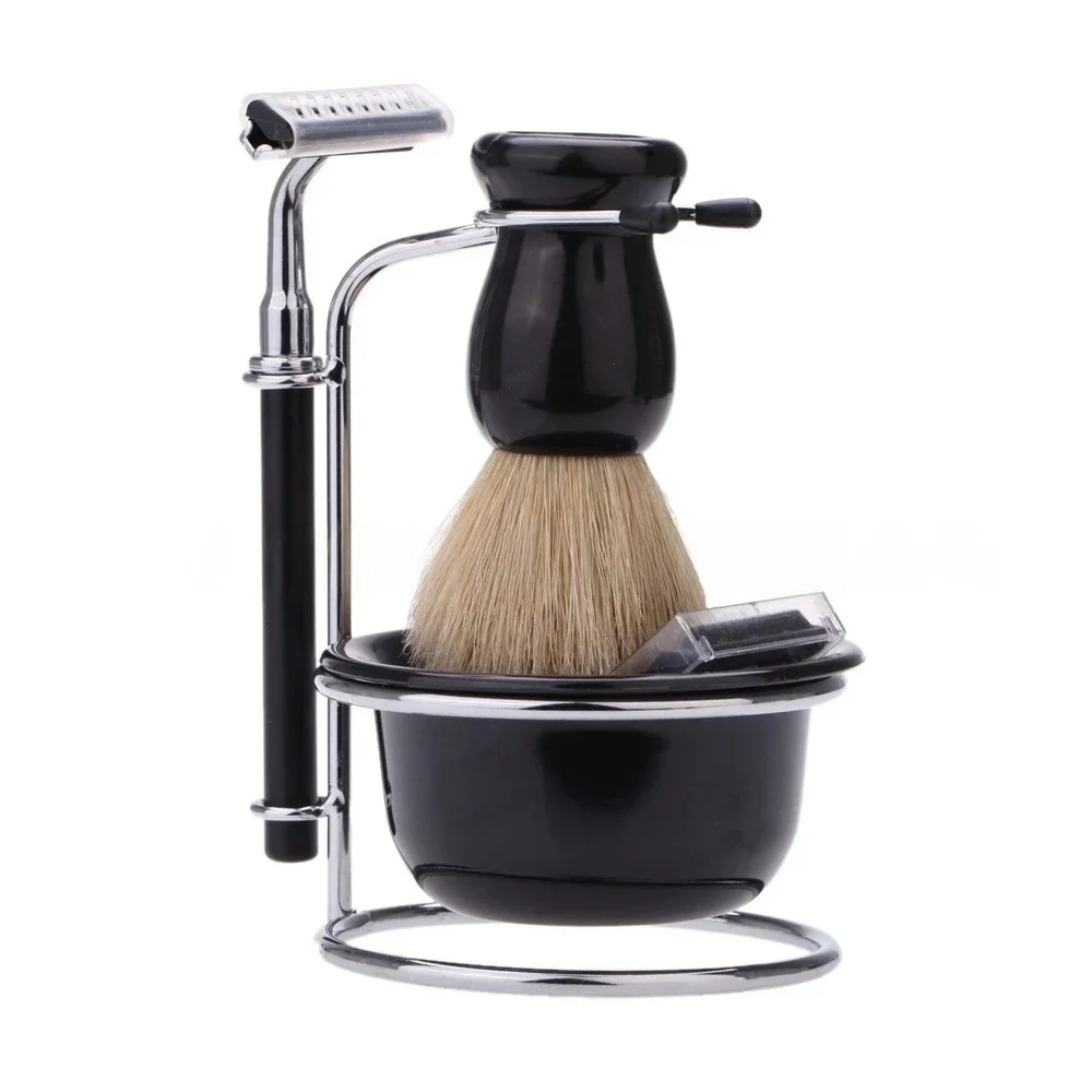 Safety Shaving Razor Brush Kit For Men , Includes Manual Razor + Stand Holder + Shaving Brush+ Shaving Bowl+5pcs Refill Blades