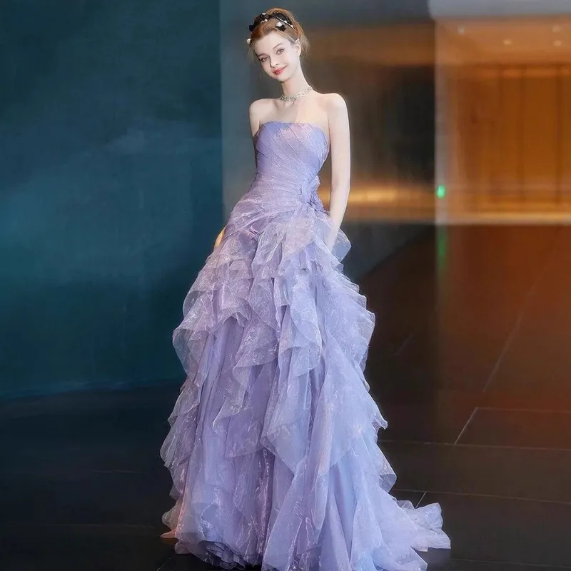 Robe de soirée élégante violette sans bretelles, nouvelle collection 2026, robe de princesse pour fiançailles, robe de défilé de mode, robe de soirée personnalisée