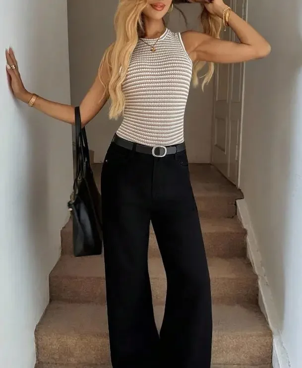 

Summer Female Round Neck Sleeveless Knitted Vest 2026 New Style Female Fashion Retro Stripes Slimming Tank Top