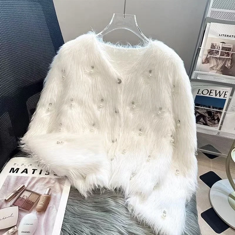 New In Autumn Diamonds Pearls Stitch Faux Fur Knitwear Coat Women\'s Imitation Mink Fleece Buttons Up Knitted Cardigan Sweater