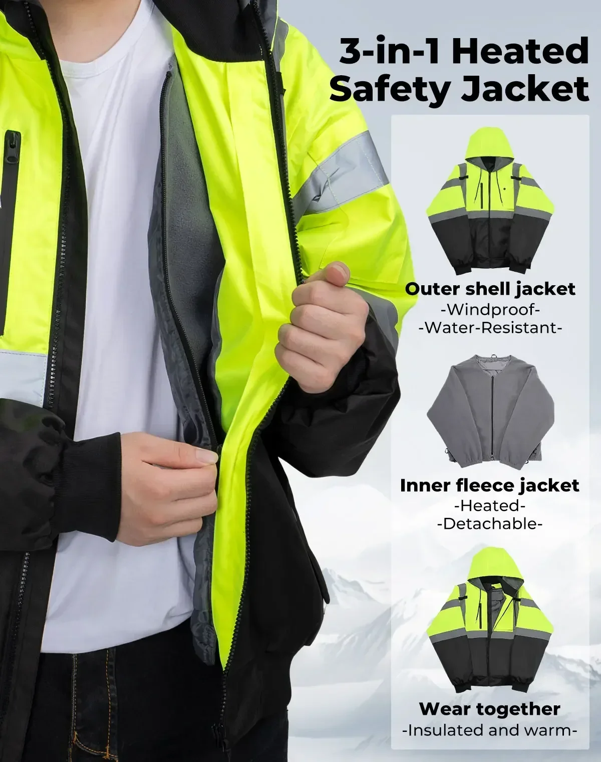 Outdoor Winter Heated Jacket Men for Hiking Camping Working Gear 20000mAh Battery 3-in-1 High Visibility Jacket Waterproof