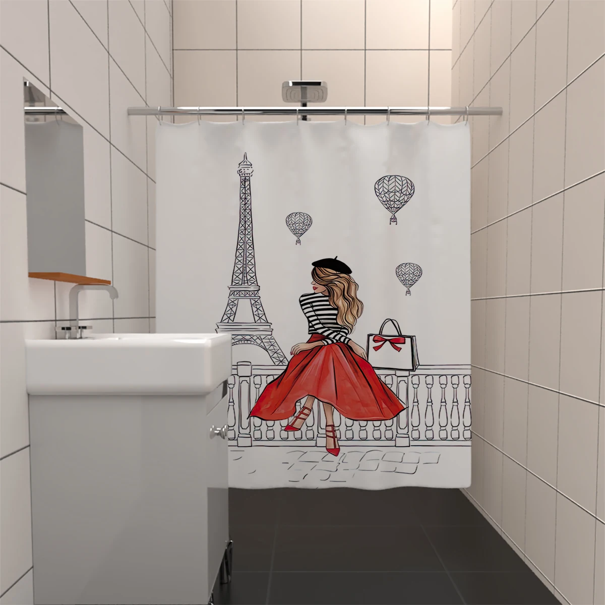 1PC, 180x180cm bathroom polyester shower curtain, mold resistant and waterproof, perforated with hooks, modern female portrait