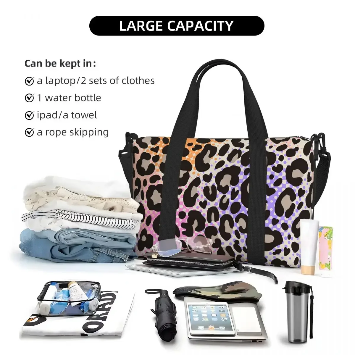 

Leopard Print Beach Travel Bag Large Capacity Tote Bags for Gym Sport Women Shopping Duffle Shoulder Bag