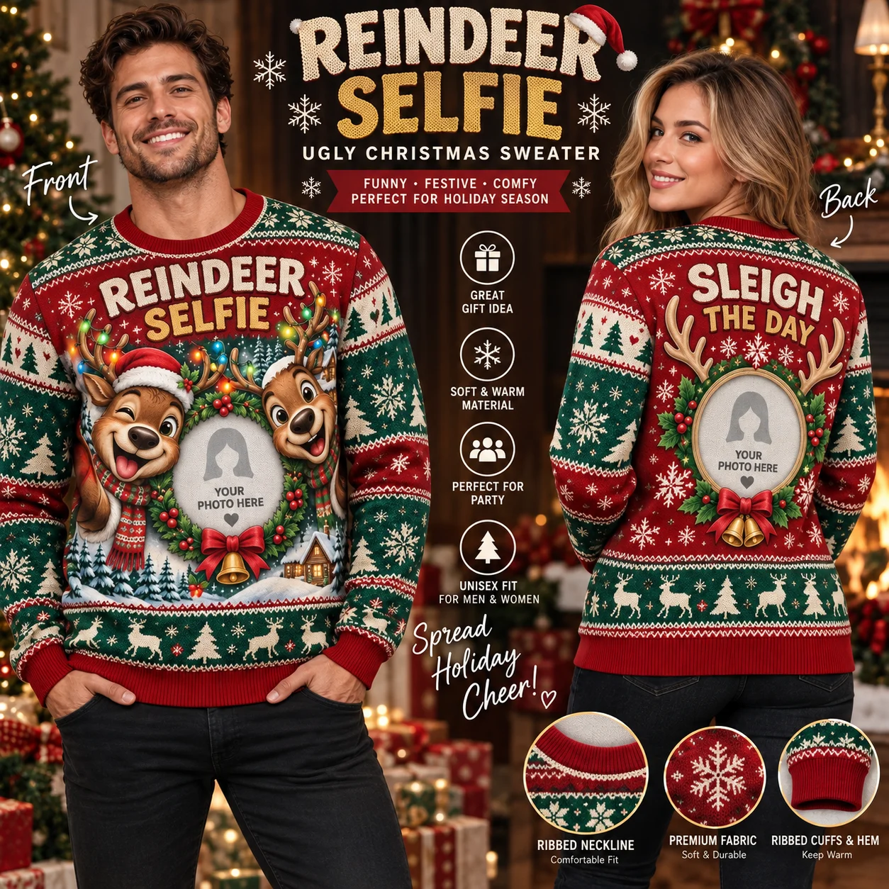 2027 Custom Photo Holiday Sweaters with Family Pet and Reindeer Designs Personalized Ugly Christmas Sweater Crewneck Gift Set