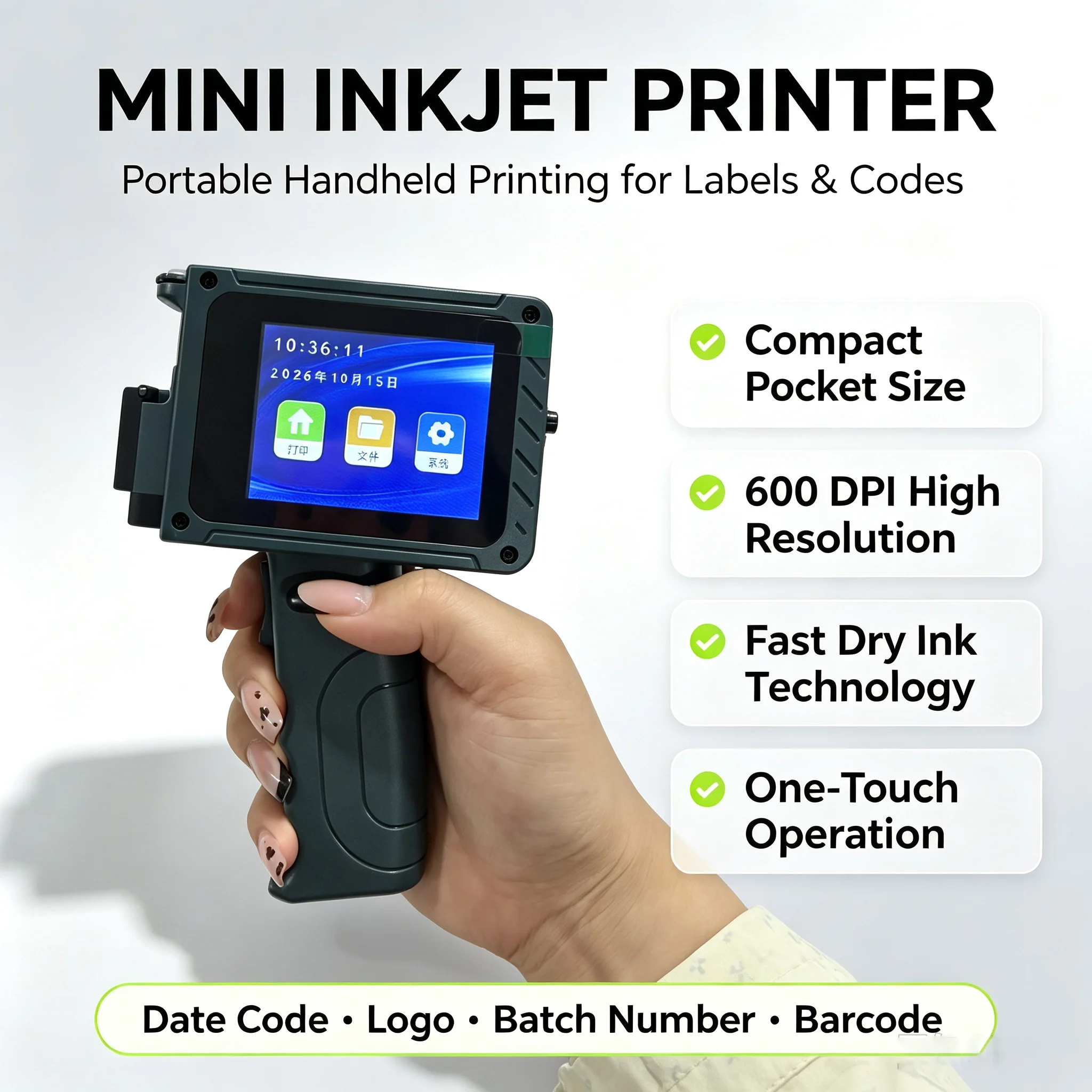 Mini Date Printer Inkjet Portable Coding Machine Bottle Box Plastic Bags Logo Text QR Code Serial Number