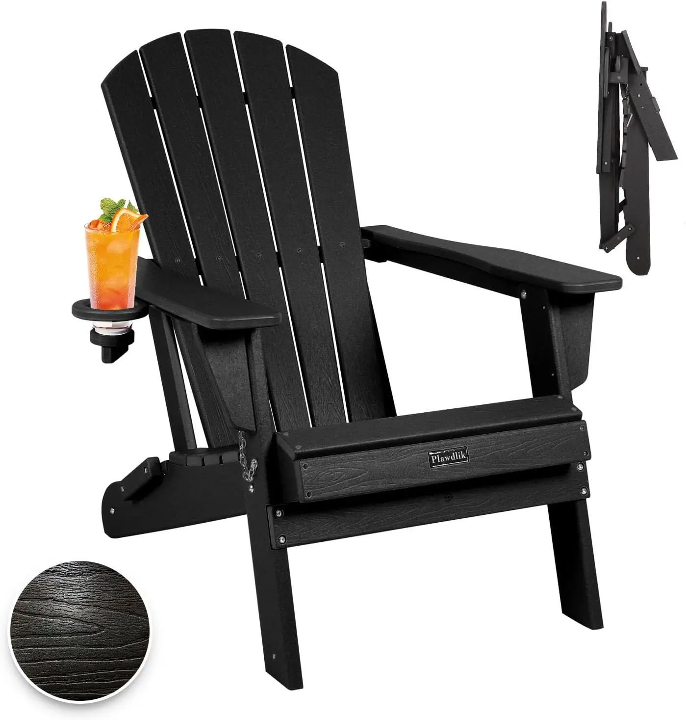 

Folding Adirondack Chair,SGS Tested,Wooden Textured with Cup Holder,Heavy All-Weather HDPE Comfortable Set Poolside Backyard