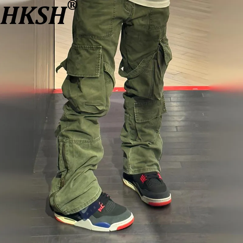 

HKSH Autumn New Men American Safari Style Pocket Cargo Pants Tide High Street Zipper Straight Wide-Leg Tactical Overalls HK14544