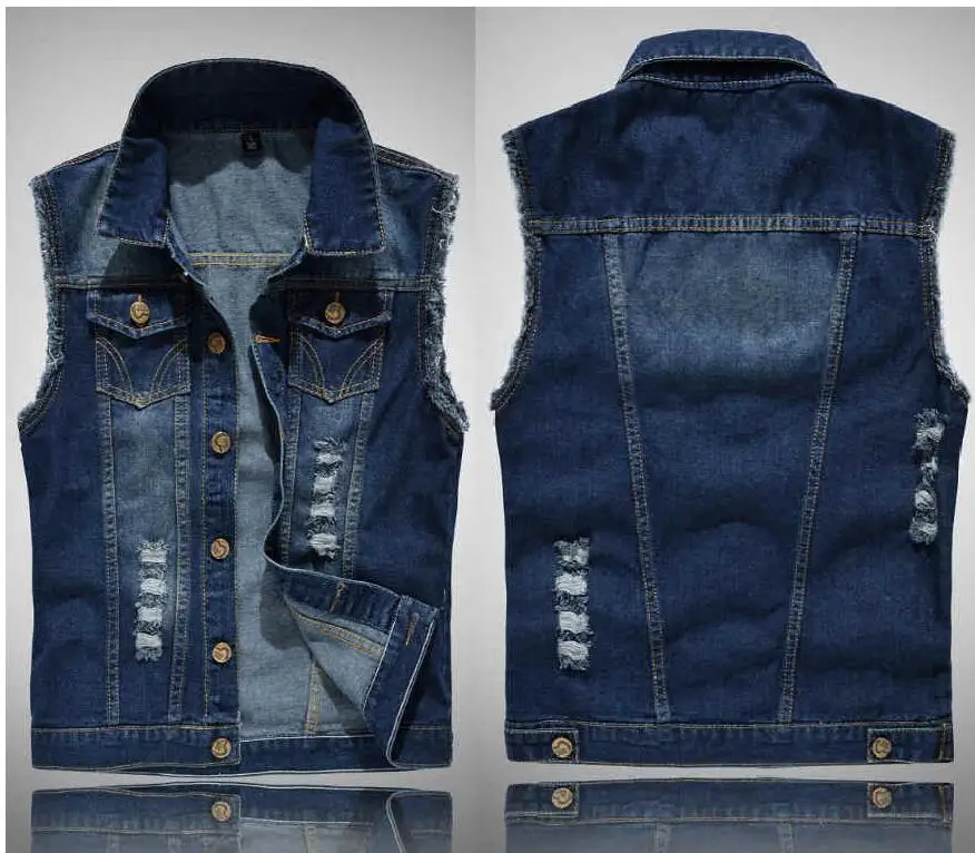 Men Sleeveless Ripped Jean Jackets Denim Vests Cowboy Waistcoat Multiple Colors Slim Type Waistcoat