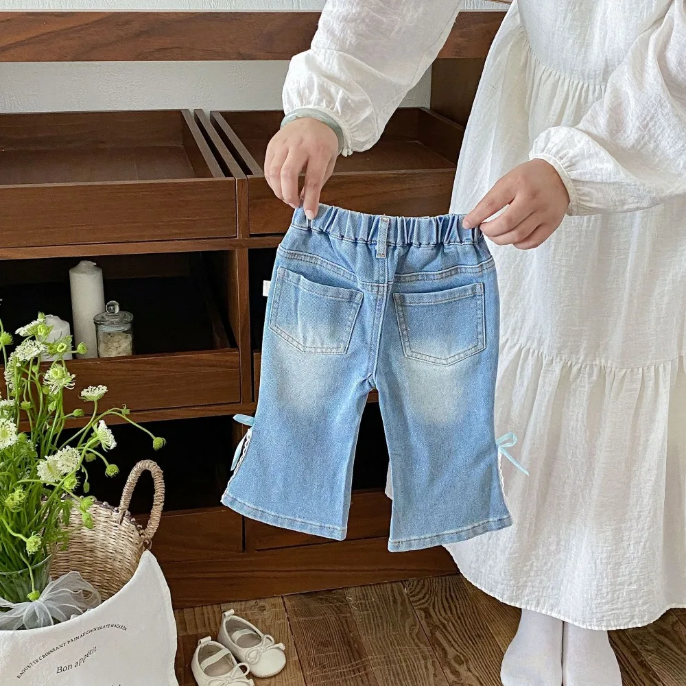 Lovely Kids Girl Jeans 1-5Years Children Elastic Waist Lace Bow Flared Denim Pant Korea Style Bell Bottom Outfits Autumn Clothes